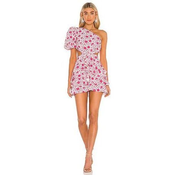 Mergim Revolve Dakota One Shoulder Dress in White & Pink Size 1 Size Small - Picture 1 of 5